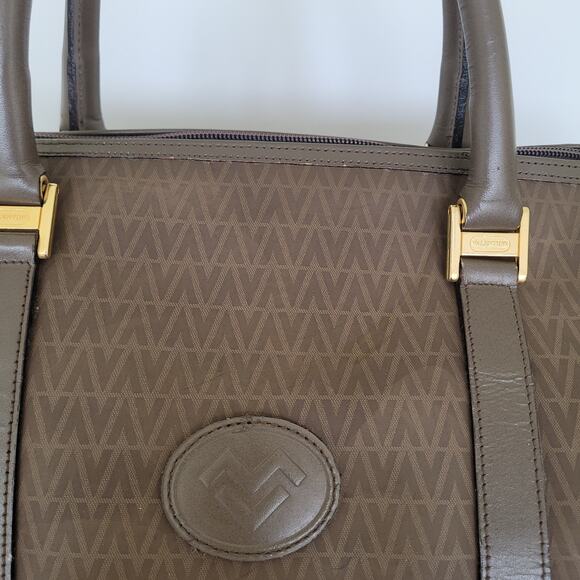 Mario Valentino Vintage Duffle Boston Tote Bag Handbag Large Travel Brown Logo - Picture 12 of 16